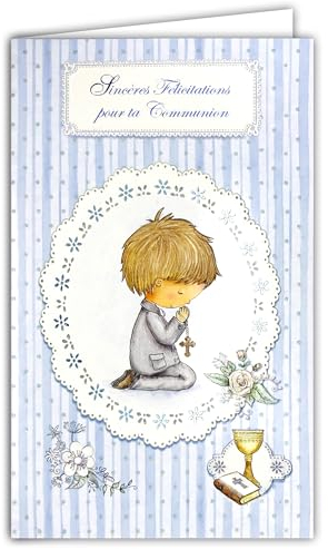 19-641 Carte Porte-Billet avec Enveloppe Sincères Félicitations pour ta Communion Garçon Chrétien Catholique Croix Bible Vin Coupe Calice Ciboire Fleurs Bleues Illustration - Fabriqué en Europe