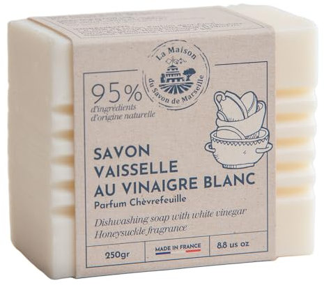 La Maison du Savon de Marseille - Sapone per lavare piatti francese, ecologico, sostenibile e senza plastica, efficacia sgrassante e decalcificante all'aceto bianco, fragranza caprifoglio, barretta da