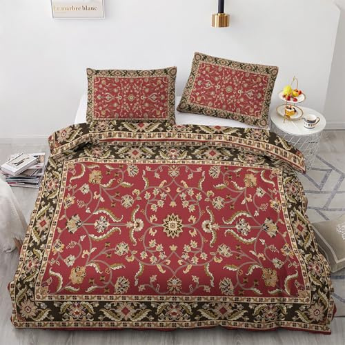 Generisch Orientalisch Bettwäsche 200x200 Sommer - Rot Schwarz Gold Traditionell Blumen Bettbezug 200x200 3teilig mit 2 Kissenbezug 80x80, Weiche Mikrofaser Sommerbettwäsche mit Reißverschluss J-&221