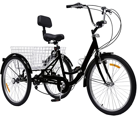 KumuJ Triciclo per adulti, 24 pollici, pieghevole, 3 ruote, 7 marce, bicicletta per adulti, triciciciclo, bici da crociera con luce a LED, porta bicchiere (nero)