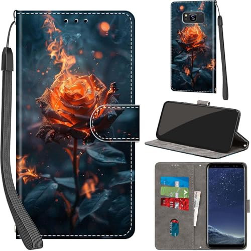 Handyhülle für Samsung Galaxy S8 Hüllen Premium Leder Case Klappbar Wallet Magnet Kartenfach Standfunktion Schutzhülle kompatibel mit Samsung S8 Cover,Flamme