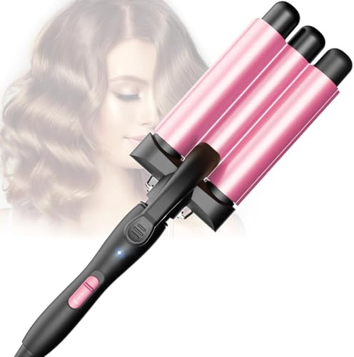 Lockenstab 3 Fässer, Beach Waves Welleneisen mit einstellbarer Temperatur, PTC Schnellheizung Schnelle Erwärmung, Lockenstäbe für alle Haartypen, Rosa