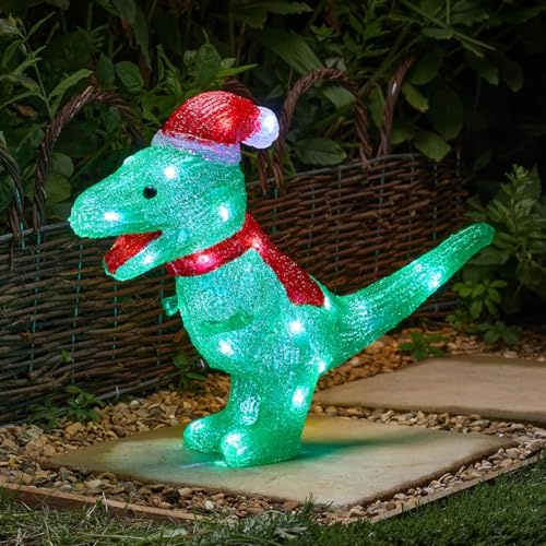 Festive Lights 26cm LED Weihnachtsfigur aus Acryl Dino weiße LEDs batteriebetrieben Beleuchtung mit Timer Dekoration Weihnachten Deko Außen (T-Rex)