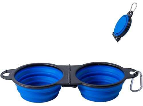SLSON Collapsible Dog Bowls Foldable Dog Dual Bowl Travel Water and Food Bowls,Sturdy Reinforced Rim Portable Pet Feeder Cat Bowl for Walking Hiking Outdoors (blue)