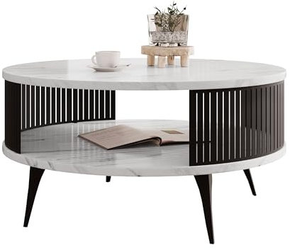 Mirjan24 Couchtisch mit Ablage Rajkon, Runde Form, Metallbeine, Kaffeetisch, Wohnzimmertische, Beistelltisch, Sofatisch, Teetisch (Bianco Marmor, Schwarz)