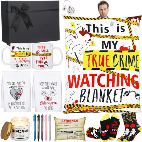 Fanfanwin Geschenkkorb mit Aufschrift True Crime, inklusive Decke, Stifte, Küchentücher, Tasse, Tasse, lustiger Schlüsselanhänger, Beweis, Make-up-Tasche, Socken, Kerze für Frauen, Männer,