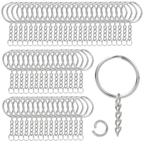 Luabue 100Pcs Keyring Chains Keyring Ring, Split Metal Key Rings with Chain & Open Jump Rings Bulk Keyring Making Kit Key Ring Hoop for Crafts DIY Jewelry Making 1/25mm