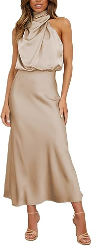BDSCZW Dam Elegant Satin Klänning Ärmlös Hög Midja Bröllop Formell Bröllopsgäst Cocktailklänning Balklänningar Festklänning Midiklänningar, S