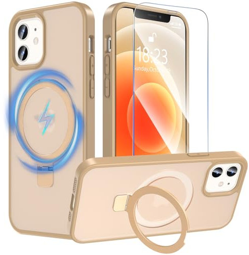 Hensinple für iPhone 12 Hülle/iPhone 12 Pro Hülle mit Ständer, Magnetisch Schutzhülle mit Panzer Schutz Glas,Kompatibel mit MagSafe, Durchscheinend Matt Stoßfest Handyhülle Case Cover, Gold