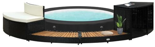 Somanki Umrandung, Poolumrandung Rund, Pool Verkleidung, Outdoor Umrandung, Schwarz Poly Rattan und Akazienholz