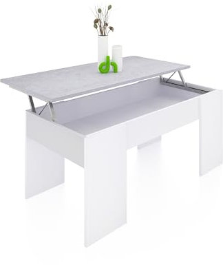 duehome | Mesa de Centro Elevable, Mesita de Salón o Comedor, Modelo Vita, Acabado en Color Blanco Artik y Cemento, Medidas: 100 cm (Largo) x 50 cm (Ancho) x 45-56 cm (Alto)