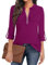 Gemulate Womens Tops 3/4 Sleeve Shirt with Half Zip Purple Red Blouses for Women UK V Neck Polo Shirt Ladies Long Roll Up Sleeve Going Out Tops Purple Red XL