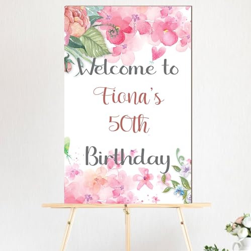 Personalised Happy Birthday Welcome Sign – Custom Name Age Date, Adult Party Decoration Photo Display Keepsake Board - 7 Design Styles (Pink Florals)