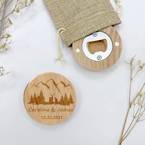 Décapsuleur En Bois Personnalisé Avec Aimant, Décapsuleur Rustique Rond Gravé For Garçons D'honneur, Date Et Lieu Gravés, For Mariages, Communions, Cadeaux D'entreprise Et Événements(50pCS)