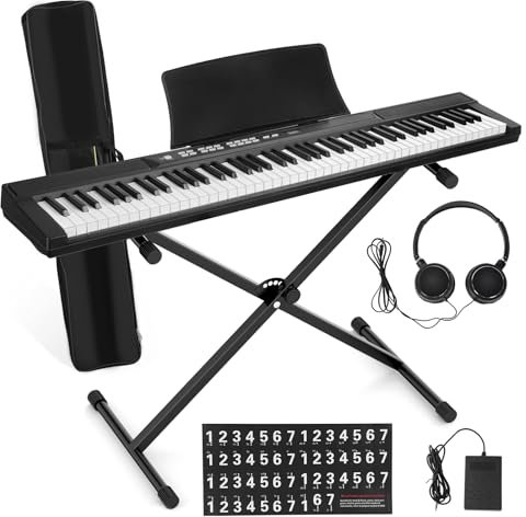 88-Key Semi-Weighted Digital Piano for Adult Beginners, Full Bundle Keyboard with 128 Timbres, 1x Music Stand & Pedal, Indoor Practice & Travel Case, for Home Studio Playing Black