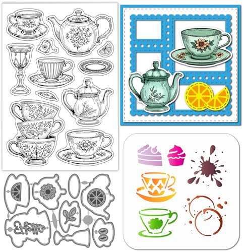 GLOBLELAND Teacup Teapot Cake Clear Stamps Cutting Dies PET Painting Stencils for Card Making Flowers Splatter Texture Silicone Stamp Metal Words Die Cuts PET Paint Stencils for DIY Scrapbooking