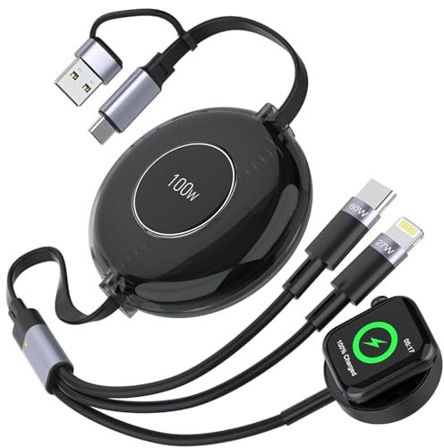 100W Multi Charging Cable for Apple Watch Charger, 6 in 1 Retractable iWatch Charger Cord, 3 in 2 Retractable iPhone 15 and iWatch Fast Charging Cable for Apple Watch Series, Galaxy&iPad, (Black)