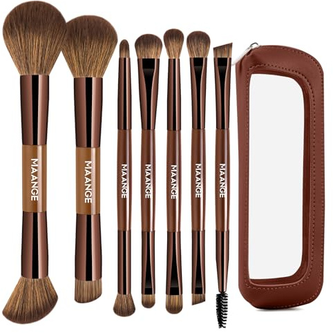 MAANGE Set de pinceaux de maquillage – 7 pièces + Étui – Ensemble de pinceaux de maquillage professionnel pour fond de teint, fard à paupières & poudre, Incl. Pinceau 2-en-1 double face, Brun chocolat