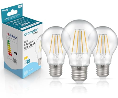 Crompton Lamps Filament GLS LED Light Bulb ES-E27 | 4.2W = 40W Equivalent | Cool White 4000K | Energy Efficient | Edison Screw Lightbulb | Long Life 15,000-Hrs | Clear Glass | 3-Pack