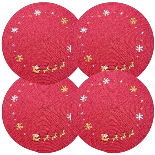 Weihnachts-Tischsets, 4er-Set, 38, 1 cm, rote Schneeflocke, rund, isoliert, rutschfest, wiederverwendbar, Tischset für Winterurlaub, Party – runde Tischsets, 4er-Set