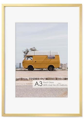 Fun Memories A3 Picture Frame Gold, High End Metal 11.7 x 16.5 Poster Frames for Wall, A3 Photo Frame with Mat A4, Tempered Glass, 1 Pack