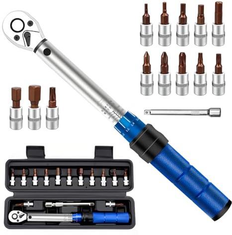 MFUSUL 15 Pezzi Chiave Dinamometrica 1/4, Precisione ±3%, 2-24 Nm Chiave Dinamometrica Bici, Dinamometrica Set con Punte e Asta di 100mm Prolunga, per Bicicletta, Moto