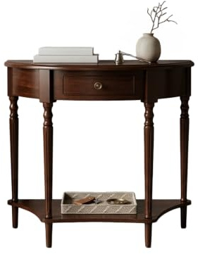 OVOGGPAN Halbmondförmiger Konsolentisch aus Massivholz, Flurtisch mit Schublade und Ablage, moderner Beistelltisch, Vintage-Sofatisch für Wohnzimmer, Eingangsbereich(Dark Walnut,60cm/23.6in)