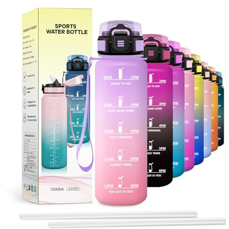 JAPORIA Botella Agua 1L, Cantimplora Motivadora con Pajita, sin BPA, Antiderrame, Saludable, Fácil Llenado, para Marathon, Trail, Aventura