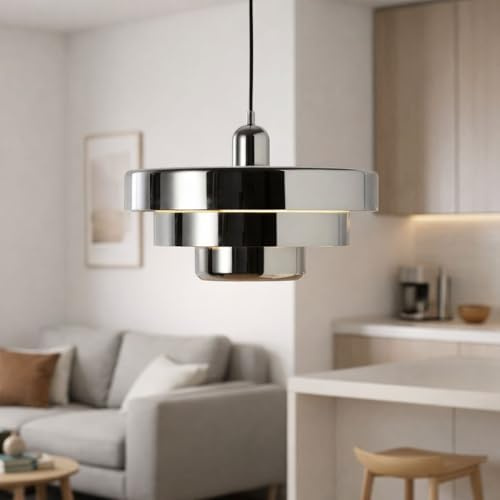 BARCELONA LED Pendelleuchte MACARRON Chrom 3-stufig, Metall Eisen, Bauhaus Minimalistisch, Indirekte Blendfreie Beleuchtung, Klassisch Vintage Modern & Zeitloser Luxus E27