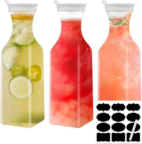 1.5L / 50 Oz Water Carafe Pitcher, 3 Packs Square Base Juice Containers for Fridge, Juice Jugs with Flip Top Lid, Clear Plastic Pitcher for Iced Tea, Powdered Juice, Cold Brew, Lemonade