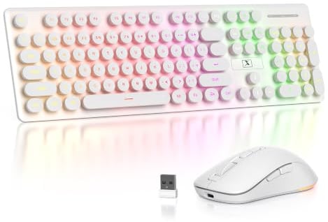 Backlit Pink Wireless Keyboard and Mouse, US American Layout 2.4GHz Light Up Typewriter Rechargeable Quiet Cordless Keyboard for PC/Laptop (RF 108 White)