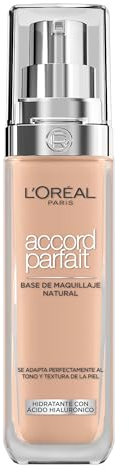 L'Oreal Paris Make-up Designer Accord Parfait, Base de maquillaje acabado natural con ácido hialurónico, tono piel medio 4.5N, 30 ml