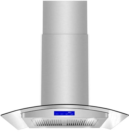 COSMO 668ICS750 Campana extractora de montaje en isla con 380 CFM, controles suaves al tacto, filtros permanentes, luces LED, visera de vidrio templado en acero inoxidable