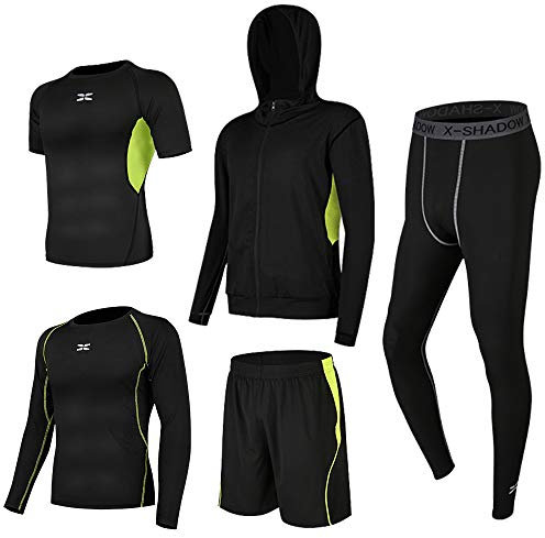 Superora Ensembles de Fitness Vêtements De Sport Entraînement Doux Haut Élastique Séchage Rapide Respirant UltraLéger Course à Pied pour Homme Ensemble 5 pcs,L Noir/Jaune