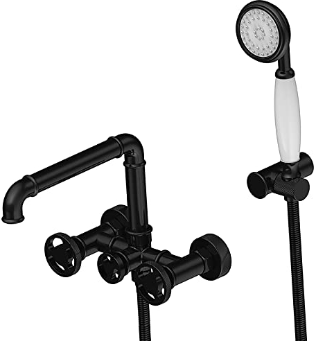 Badewannenarmatur mit Handbrause, Wandhalterung Schwarz Industriestil Drehbar Lange Nase Wannenarmatur Doppelgriff Badewanne Armatur für Badewanne