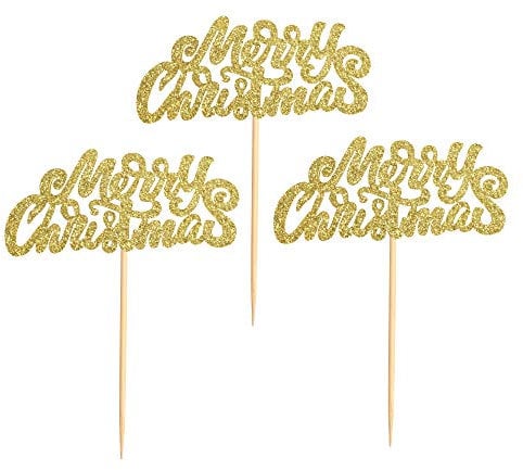 36Pcs Gold Glitter Merry Christmas Cupcake Toppers - Cake Toothpick Flags for Holiday Party Decorations and Supplies