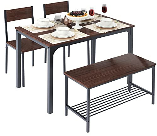 DlandHome Juego de 4 Piezas Mesa de Comedor con 2 Sillas y 1 Banco Conjunto de Muebles de Cocina de Madera con Estructura de Acero Nogal Oscuro/Negro
