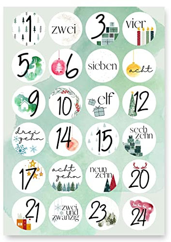 Adventskalender Aufkleber (Zahlen 1-24) - Sticker für Kalender zum selber basteln für Weihnachten - Adventskalenderzahlen Etiketten selbstklebend - Zahlenaufkleber - Nummern für Papiertüten - Rund
