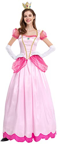 Robe Mario Princess Peach pour Femme, Elsa Princesse Robe/Deguisement de La Belle et La/Cape à Capuche Costume Cosplay Mariage Carnaval Fête d'halloween Tenues avec Couronne Gants Rose Large