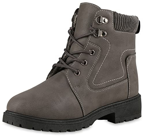 VAN HILL Damen Warm Gefütterte Worker Boots Stiefeletten Profilsohle Schuhe Blockabsatz Schnürer Bequeme Winter Booties 202197 Dunkelgrau 40