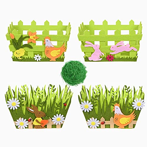 Super Idee 4er Set Osterkörbchen aus Fliz mit Ostergras Osterdeko zum selber Machen Dekokörbe Ostermotive Osterhase Hühner Gartenzaun Blumen Marienkäfer Osternester für Ostereier Ostergeschenke