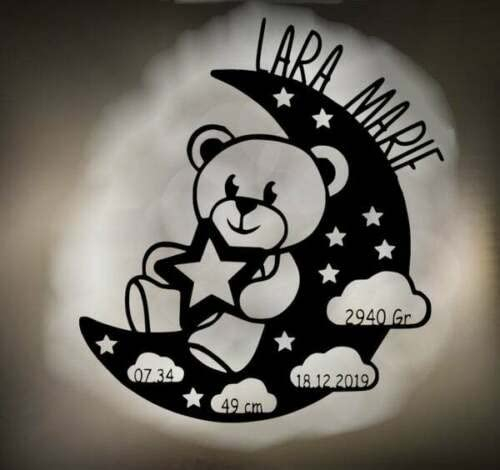 Designbysh Personalisiertes Baby-Geschenk Taufgeschenke Geschenke zur Geburt Taufe mit Namen Junge Mädchen Jungs Nachtlicht Schlummerlicht Teddy im Halbmond