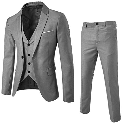 Herren Slim Fit 3 Teilig Anzüge Herrenanzug Sakko für Hochzeit Business (Grau, M)