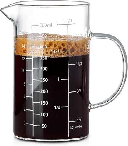 BCnmviku Tasse à mesurer en verre borosilicate de 500 ml avec poignée, trois échelles (OZ, Tasse, ML/CC) pour cuisine ou restaurant, Accessoire Cuisine, Gobelet Doseur, Mesureur, facile à lire