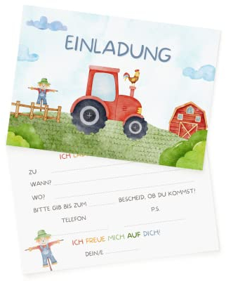 Essi's Stoff Boutique 10 Traktor Einladungskarten Bauernhof Einladung Kindergeburtstag - inkl. Umschläge