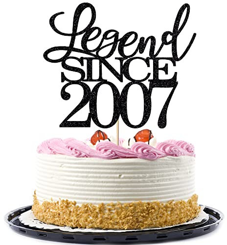 Migeaks Legend Since 2007 Cake Topper 18th Birthday Happy Birthday Cake Topper Men and Women Cheer 18 Years Old Handmade Black Glitter Cake Decoration (2007)