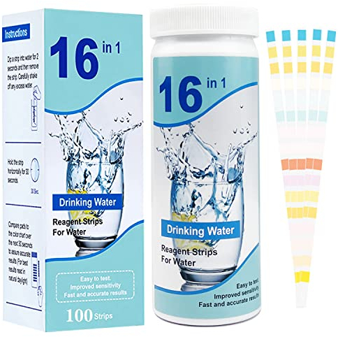 16 en 1 Tiras de Prueba de Agua Potable 100 Piezas Kit de Prueba de Agua Potable en el Hogar Prueba Rápida Fácil Medidor Cloro y PH Piscinas para Probar PH, Dureza, Cloro Libre, Alcalinidad