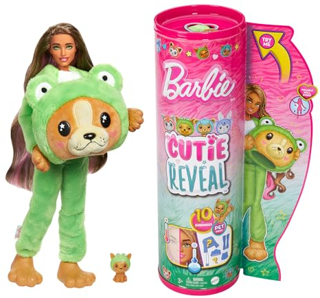 Barbie Coffret Cutie Reveal avec Poupée Articulée Châtain avec Mèches Roses, Chiot Déguisé en Grenouille, 10 Surprises Et Accessoires, À Collectionner, Jouet Enfant, A Partir De 3 Ans, HRK24