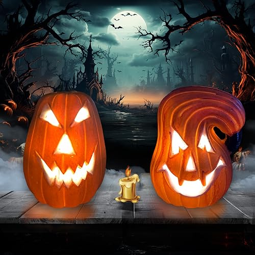 Kazaigou 2 Stück Halloween Deko Outdoor Kürbis Deko mit 3D Aufkleber, Deko Kürbis LED, Plastik Kürbis Beleuchtet Latern für Outdoor & Indoor