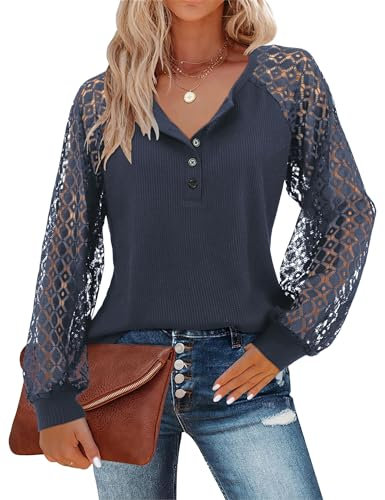 Beluring Blouse for Women Sexy V Neck Shirts Waffle Knit Lace Tops, Navy Blue Size 20 22